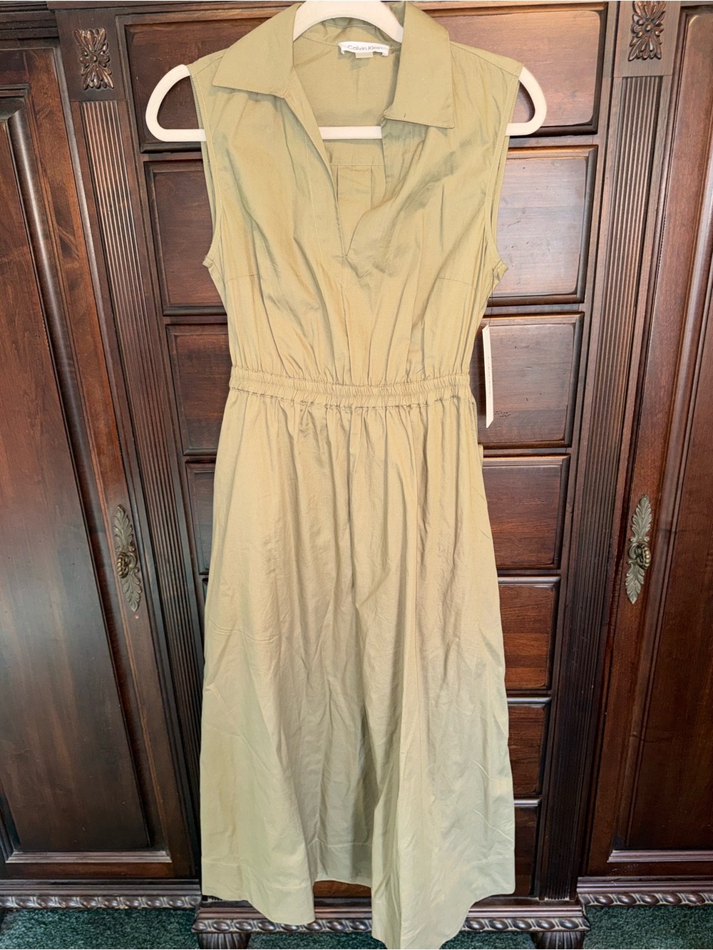 Calvin Klein Sleeveless Collared Midi Dress in Olive Green